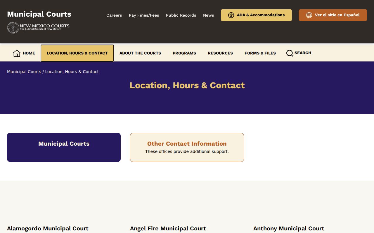 Current New Mexico municipal court contact page reviewed for Wagon Mound