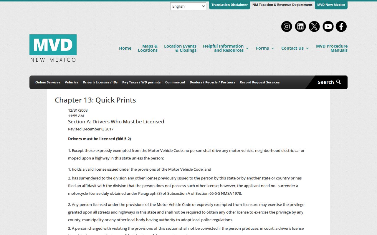 New Mexico MVD court-code and traffic reference page