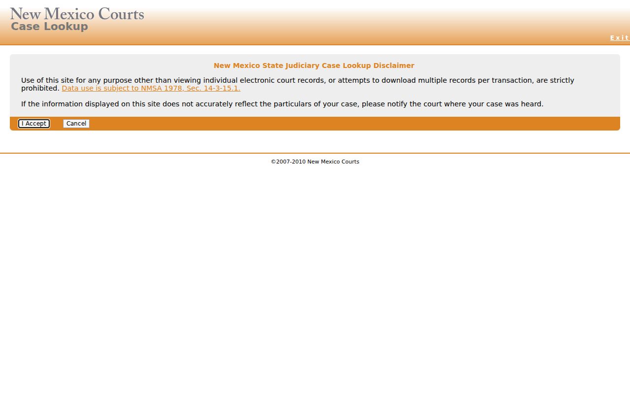 New Mexico Courts Case Lookup terms screen for Mora County research